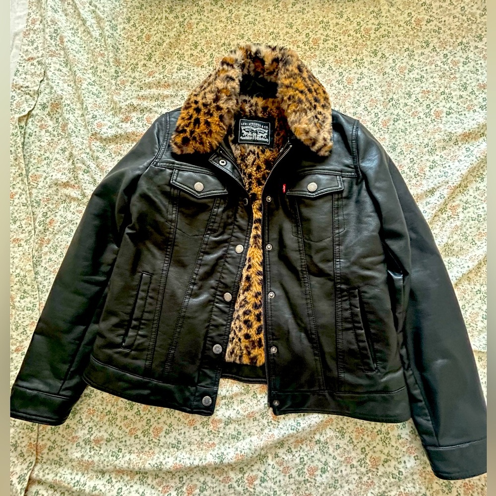Levi’s leather jacket with faux cheetah fur and removable collar